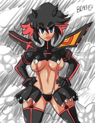 Rule 34 | 10s, 1girl, bad id, bad tumblr id, bigdead, black hair, blue eyes, boots, breasts, eyebrows, hairpods, hands on own hips, highres, kill la kill, large breasts, matoi ryuuko, microskirt, multicolored hair, red hair, revealing clothes, senketsu, short hair, skirt, solo, suspenders, thick eyebrows, thigh boots, thighhighs, two-tone hair, underboob