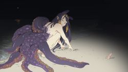 Rule 34 | 1girl, bblibrary, beach, closed mouth, dark, highres, hololive, hololive english, long hair, looking at viewer, looking back, mole, mole under eye, moon, night, night sky, ninomae ina&#039;nis, nude, ocean, outdoors, pointy ears, purple hair, sand, seashell, shell, shiny skin, sky, smile, solo, squatting, tentacles, virtual youtuber, water