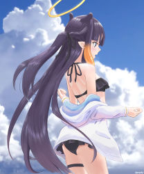 Rule 34 | 1girl, absurdres, animal ears, bikini, black bikini, black ribbon, blue eyes, blue sky, blurry, blurry background, blush, braid, cloud, commentary, frilled bikini, frills, from behind, from side, garter belt, gradient hair, halo, highres, hololive, hololive english, long hair, multicolored hair, ninomae ina&#039;nis, open mouth, outstretched arms, pointy ears, purple hair, reylan520, ribbon, sky, standing, sweater, swimsuit, two-tone hair, very long hair, virtual youtuber, white sweater