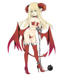 Rule 34 | 1girl, ball and chain restraint, blonde hair, blue eyes, boots, caterpillar (artist), demon girl, demon tail, demon wings, flat chest, high heel boots, high heels, horns, long hair, navel, pointy ears, shiratama shima, solo, tail, thigh boots, thighhighs, wings