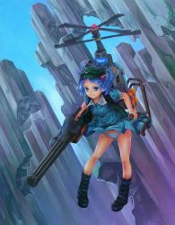 Rule 34 | 1girl, aircraft, backpack, bag, blue eyes, blue hair, blue sky, boots, clothes lift, colored eyelashes, day, dress, flying, full body, gatling gun, gun, hat, helicopter, jetpack, kawashiro nitori, key, matching hair/eyes, osohare, panties, pantyshot, pigeon-toed, pocket, propeller, shirt, short hair, short sleeves, skirt, skirt lift, skirt set, sky, smile, solo, striped clothes, striped panties, touhou, two side up, underwear, weapon