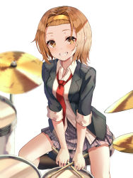 Rule 34 | 1girl, absurdres, bad id, bad pixiv id, black jacket, black socks, breasts, brown hair, collared shirt, commentary request, drum, drum set, drumsticks, feet out of frame, forehead, hair intakes, hairband, highres, holding, huge filesize, instrument, jacket, k-on!, kerno, kneehighs, miniskirt, necktie, open clothes, open jacket, orange hairband, pleated skirt, purple skirt, red necktie, shirt, short hair, short sleeves, simple background, sitting, skirt, socks, solo, stool, tainaka ritsu, white background, white shirt, wing collar