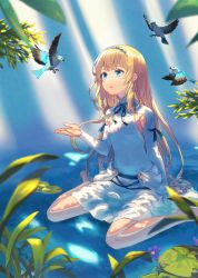 Rule 34 | 1girl, :o, animal, armpit cutout, barefoot, bird, blonde hair, blue eyes, clothing cutout, dress, flower, hair ornament, hand up, in water, long hair, long sleeves, original, parted lips, peroncho, simple background, sitting, sunlight, very long hair, white dress