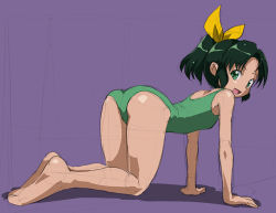 Rule 34 | 10s, 1girl, all fours, ass, barefoot, full body, green eyes, green hair, green one-piece swimsuit, looking at viewer, matching hair/eyes, midorikawa nao, one-piece swimsuit, open mouth, ponytail, precure, purple background, rohitsuka, short hair, simple background, sketch, smile precure!, solo, swimsuit