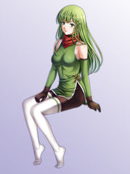 Rule 34 | 1girl, absurdres, blue background, brown gloves, brown pants, detached sleeves, feet, fire emblem, fire emblem: mystery of the emblem, full body, gloves, gradient background, green eyes, green hair, green sleeves, headband, highres, invisible chair, long hair, long sleeves, looking at viewer, nintendo, palla (fire emblem), pants, sitting, solo, tamamon, thighhighs, very long hair, white background, white headband, white thighhighs
