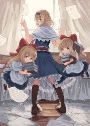 Rule 34 | 1girl, alice margatroid, apron, arms up, blonde hair, blue dress, blue eyes, book, book stack, boots, brown footwear, capelet, commentary, curtains, dress, floating, from side, full body, grimoire of alice, hair ribbon, hairband, holding, holding book, hourai doll, lolita hairband, long hair, looking at viewer, looking back, ookashippo, pages, puffy short sleeves, puffy sleeves, red neckwear, ribbon, sash, shanghai doll, shirt, short hair, short sleeves, solo, standing, touhou, waist apron, white capelet, white shirt, window, wooden floor