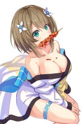 Rule 34 | 1girl, aogiri koukou, aqua eyes, back bow, bare shoulders, blue bow, bow, breasts, brown hair, cleavage, collarbone, corn dog, dress, flower, food in mouth, hair flower, hair ornament, highres, kkix25, kurikoma komaru, large breasts, multicolored clothes, multicolored dress, mustard, off shoulder, sauce, short hair, solo, thigh strap, virtual youtuber, white dress, white flower, yellow dress