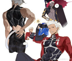 Rule 34 | 4boys, ?, abs, absurdres, alternate costume, animal ears, archer (fate), ass, between legs, cat ears, cat tail, collage, come hither, cropped torso, cu chulainn (fate), cu chulainn (fate/stay night), cu chulainn alter (fate), dark-skinned male, dark skin, ear wiggle, emiya alter, fate/grand order, fate (series), hand on own ass, highres, large pectorals, leg lift, male focus, motion lines, mouth hold, multiple boys, muscular, muscular male, pectoral cleavage, pectorals, seductive smile, shrug (clothing), side-by-side, smile, spoken emoji, spoken question mark, stomach, tail, tobu (bilibil), undressing, yaoi