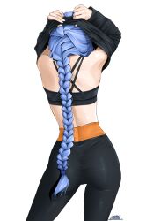 Rule 34 | 1girl, ass, bae minah (chaesu), bare shoulders, blue hair, blush, braid, braided ponytail, chaesu, fingerless gloves, from behind, gloves, highres, long hair, original, pants, solo, sports bra, tight clothes, tight pants, undressing, very long hair, yoga pants