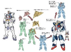 Rule 34 | arms at sides, character sheet, commentary request, green eyes, gundam, highres, ishiyumi, mecha, mobile suit, no humans, original, robot, v-fin, yellow eyes