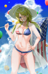 Rule 34 | 1girl, absurdres, ahoge, american flag, american flag bikini, american flag print, balloon, bikini, blonde hair, blue eyes, blue sky, breasts, cloud, collarbone, commentary request, cowboy shot, day, flag print, grin, hachimiya meguru, hand on own hip, hat, highres, idolmaster, idolmaster shiny colors, long hair, looking at viewer, low twintails, medium breasts, outdoors, print bikini, robe, see-through, sky, smile, solo, straw hat, sun hat, swimsuit, terada tera, twintails