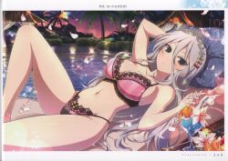 Rule 34 | 1girl, absurdres, bare shoulders, bikini, breasts, collarbone, drinking straw, expressionless, flower, grey hair, highres, jewelry, large breasts, long hair, looking at viewer, navel, official art, page number, scan, senran kagura, senran kagura new link, shiny skin, simple background, solo, stomach, swimsuit, thighs, tiara, tropical drink, yaegashi nan