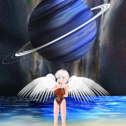Rule 34 | 1girl, bad id, bad pixiv id, blue eyes, casual one-piece swimsuit, highres, one-piece swimsuit, original, planet, short hair, solo, space, star (symbol), suika m, swimsuit, water, white hair, wings