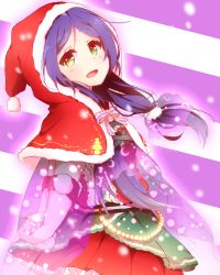 Rule 34 | 10s, 1girl, bow, box, gift, gift box, gloves, green eyes, hat, looking at viewer, love live!, love live! school idol festival, love live! school idol project, oda (101511a), open mouth, purple hair, santa costume, santa hat, solo, striped, striped background, tojo nozomi