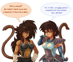 Rule 34 | 2girls, armor, breasts, bridal gauntlets, brown hair, chirei, dragon ball, dragonball z, elbow gloves, english text, female focus, gloves, green eyes, grin, imoya (plague of gripes), large breasts, long hair, looking at viewer, multiple girls, muscular, muscular female, orange eyes, plague of gripes, saiyan, simple background, smile, speech bubble, tail, white background