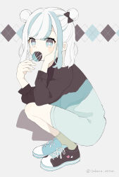 Rule 34 | 1girl, absurdres, blue eyes, blue hair, blush stickers, cake pop, double bun, dress, food, from side, full body, hair bun, hand on own cheek, hand on own face, highres, holding, holding food, long hair, long sleeves, looking at viewer, mint chocolate, multicolored hair, original, sakana-miton, shoes, sneakers, socks, solo, squatting, streaked hair, two side up, white hair