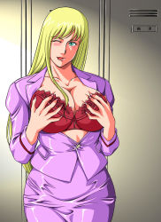 Rule 34 | 1girl, akimoto katherine reiko, blazer, blonde hair, bra, breast hold, breasts squeezed together, breasts, cleavage, fingernails, formal, garakuta-ya, green eyes, highres, huge breasts, jacket, kochikame, lingerie, locker, long fingernails, long hair, nail polish, one eye closed, open clothes, open shirt, red bra, shirt, solo, standing, tongue, tongue out, underwear, undressing, wink