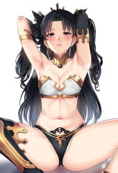 Rule 34 | 1girl, anklet, armlet, armpits, asymmetrical legwear, bad id, bad pixiv id, bare shoulders, black hair, blush, breasts, bridal gauntlets, clitoris, crown, detached collar, earrings, elbow gloves, fate/grand order, fate (series), gloves, gold trim, groin, hair ribbon, highres, hoop earrings, ishtar (fate), jewelry, long hair, looking at viewer, medium breasts, navel, neck ring, parted bangs, red eyes, ribbon, simple background, single elbow glove, single thighhigh, sitting, smile, solo, stomach, thighhighs, two side up, uneven legwear, white background, xter