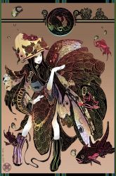 Rule 34 | black hair, boots, butterfly wings, fish, goldfish, hat, highres, insect wings, japanese clothes, kimono, kyan-dog, original, solo, wings