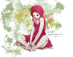 Rule 34 | 10s, 1girl, bad id, bad pixiv id, bandages, eto (tokyo ghoul), hood, knees apart feet together, looking at viewer, red eyes, simple background, sitting, solo, soso, tokyo ghoul