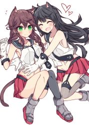Rule 34 | 10s, ^ ^, agano (kancolle), animal ears, bare shoulders, black hair, boots, braid, brown hair, cat ears, cat tail, clenched hand, dog ears, dog tail, closed eyes, gloves, green eyes, heart, highres, kantai collection, kemonomimi mode, kvlen, navel, necktie, noshiro (kancolle), open mouth, single thighhigh, skirt, smile, tail, thighhighs, twin braids, white gloves