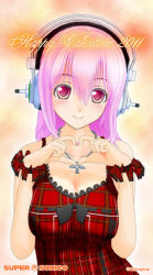 Rule 34 | 10s, 1girl, 2011, 3d, blush, breasts, cleavage, headphones, heart, heart hands, jewelry, large breasts, necklace, nitroplus, non-web source, pink eyes, pink hair, solo, super sonico, valentine