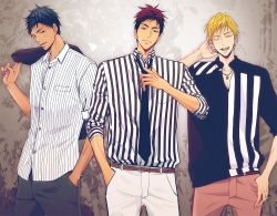 Rule 34 | 3boys, a jou, adjusting neckwear, aomine daiki, arm up, belt, black eyes, black neckwear, black pants, black shirt, blonde hair, blue hair, brown belt, closed mouth, collared shirt, cowboy shot, dark-skinned male, dark skin, hand in pocket, hand up, holding, holding clothes, holding jacket, jacket, kagami taiga, kise ryouta, kuroko no basuke, looking at another, looking at viewer, male focus, multiple boys, necktie, open mouth, over shoulder, pants, red eyes, red hair, red pants, shirt, short hair, sideways glance, sleeves rolled up, smile, striped clothes, striped shirt, tongue, tongue out, two-tone shirt, white pants, white shirt