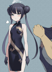 Rule 34 | 1girl, bare shoulders, black dress, black gloves, black hair, black leotard, blue archive, blush, bosshi, braid, braided bun, breasts, butterfly hair ornament, china dress, chinese clothes, double bun, dragon print, dress, gloves, grey eyes, hair bun, hair ornament, half gloves, halo, highres, kisaki (blue archive), leotard, long hair, looking at viewer, pelvic curtain, short dress, side slit, small breasts, solo focus, thighs, twintails