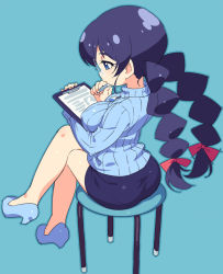 Rule 34 | 1girl, ass, blue eyes, blue hair, bow, braid, breasts, character request, clipboard, female focus, glasses, green background, hair bow, large breasts, long hair, looking down, matching hair/eyes, om (nk2007), pantylines, simple background, sitting, skirt, solo, source request, sweater, twin braids
