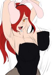 Rule 34 | 1girl, armpits, arms behind head, bare shoulders, breasts, cleavage, colorized, highres, large breasts, long hair, maydrawfag, parasoul (skullgirls), red hair, skullgirls, smile, third-party edit