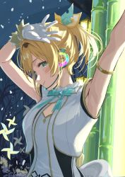Rule 34 | 1girl, absurdres, anno masato, armlet, armpits, arms up, bamboo, blonde hair, blush, from side, gloves, green eyes, hand on own head, headset, highres, hololive, hololive idol uniform, idol, idol clothes, kazama iroha, looking at viewer, neck ribbon, ponytail, ribbon, shirt, short hair, smile, solo, upper body, virtual youtuber, white gloves, white shirt
