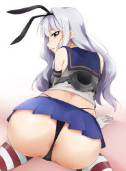 Rule 34 | 1girl, anus, anus peek, ass, cosplay, crossover, from behind, gloves, grey hair, hairband, idolmaster, idolmaster (classic), kaiga, kantai collection, long hair, looking back, panties, purple eyes, shijou takane, shimakaze (kancolle), shimakaze (kancolle) (cosplay), skirt, solo, striped clothes, striped thighhighs, thighhighs, underwear