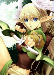 Rule 34 | 1girl, absurdres, against tree, aiming, aiming at viewer, angel wings, archeress, archery, arrow (projectile), bare legs, binding discoloration, blonde hair, blue eyes, blurry, bow (weapon), cowboy shot, day, depth of field, drawing bow, elf, elwing, fingerless gloves, foreshortening, from side, gem, gloves, hair between eyes, head wings, highres, holding, holding bow (weapon), holding weapon, in tree, long hair, looking at viewer, marksman, midriff, miniskirt, outdoors, pencil skirt, pointy ears, quiver, red gemstone, scan, sega, shining (series), shining tears, shining wind, sitting, sitting in tree, skirt, smile, solo, thighs, tony taka, tree, weapon, wings