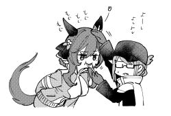 Rule 34 | animal ears, averting eyes, bow, braided hair rings, breasts, closed jacket, clothing cutout, commentary, cropped torso, ear covers, ear ornament, feeding, female trainer (umamusume), folded ponytail, fork, gentildonna (umamusume), glasses, gloves, hair bow, hair rings, hat, headpat, heart, height difference, highres, horse ears, horse girl, horse tail, large breasts, leaning forward, long sleeves, medium hair, sweatdrop, tail, tail through clothes, takatsuki nato, tracen training uniform, trainer (umamusume), translated, umamusume