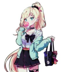 Rule 34 | 1girl, bag, black bag, black bow, black choker, black scrunchie, black skirt, blonde hair, bow, breasts, blowing bubbles, check copyright, choker, cleavage, collarbone, copyright request, cosplay request, cowboy shot, danganronpa (series), danganronpa 2: goodbye despair, dudeoji (dotheg ansoni), earrings, green eyes, green jacket, hair ornament, hair scrunchie, hairclip, hand up, heart o-ring, holding, holding bag, hoop earrings, jacket, jewelry, large breasts, long hair, long sleeves, looking at viewer, miniskirt, nail polish, off shoulder, open clothes, open jacket, pleated skirt, scrunchie, shirt, skirt, solo, sonia nevermind, very long hair, white background, white shirt