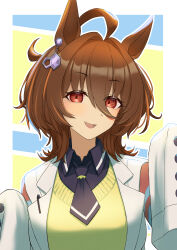 Rule 34 | 1girl, absurdres, agnes tachyon (umamusume), animal ears, black shirt, border, breasts, brown hair, collared shirt, commentary request, earrings, hair between eyes, hand up, highres, horse ears, horse girl, horse tail, jewelry, looking at viewer, motion lines, necktie, open mouth, shirt, short hair, short necktie, simple background, single earring, sleeves past fingers, sleeves past wrists, small breasts, smile, solo, sweater, tail, umamusume, upper body, white border, yellow sweater, yuuki (yu-ki0701)