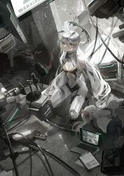 4girls, absurdres, blonde hair, book, book stack, briefcase, broken window, brown hair, cable, camera, cd case, commentary request, computer, crying, crying with eyes open, dress, fullmetal98, hair between eyes, hands clasped, highres, laptop, lying, mechanical halo, microphone, money, multiple girls, on back, on side, original, own hands together, ponytail, rubble, sailor collar, sailor dress, sign, sitting, tears, wariza, warning sign, white hair, yellow eyes