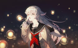 1girl black_sailor_collar black_shirt blowing_bubbles blurry bokeh bubble bubble_wand collarbone depth_of_field fajyobore glowing green_eyes grey_hair hair_between_eyes horn-shaped_hair jacket leaning_forward light_particles long_hair neckerchief night one_eye_closed open_mouth original red_neckerchief sailor_collar school_uniform serafuku shirt sidelighting sidelocks soap_bubbles solo teeth two_side_up upper_teeth_only white_jacket