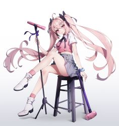 Rule 34 | 1girl, ahoge, ankkoyom, ass, bow, breasts, collared shirt, crop top, crop top overhang, grey skirt, hair bow, hair ornament, high-waist skirt, highres, holding, indie virtual youtuber, knee up, long hair, looking at viewer, mallet, microphone stand, midriff, miniskirt, parted lips, pink eyes, pink hair, pink shirt, pink socks, pleated skirt, scrunchie, shirt, shoes, simple background, sitting, skirt, sleeveless, sleeveless shirt, small breasts, socks, solo, stool, thighs, twintails, undershirt, very long hair, virtual youtuber, white background, white footwear, white shirt, wrist scrunchie