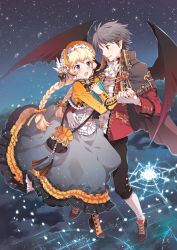 Rule 34 | 1boy, 1girl, bat wings, black hair, blonde hair, blue eyes, book, bow, braid, can you read my mind, city, cloud, couple, ascot, dress, flying, formal, frills, gathers, gloves, holding hands, hat, hetero, holding, jacket, jewelry, light particles, long hair, nardack, night, night sky, original, pointy ears, red eyes, ring, shoes, short hair, sky, star (sky), waistcoat, white gloves, wings