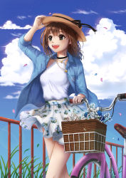 Rule 34 | 1girl, :d, absurdres, adjusting clothes, adjusting headwear, basket, bicycle, black choker, black ribbon, blue jacket, breasts, brown hair, brown hat, choker, cloud, commentary, english commentary, flower, grass, hat, hat ribbon, highres, jacket, looking up, medium breasts, open mouth, original, outdoors, palm tree print, petals, print clothes, print skirt, railing, ribbon, shirt, skirt, smile, solo, sun hat, sunlight, teeth, tree print, upper teeth only, vehicle, white shirt, yongning