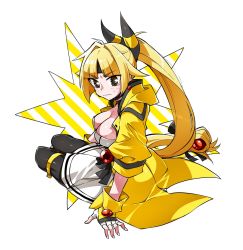 Rule 34 | 1girl, ampharos, black choker, black eyes, black pantyhose, blonde hair, breasts, choker, closed mouth, creatures (company), dress, earrings, fingerless gloves, fingernails, full body, game freak, gen 2 pokemon, gloves, hair intakes, headband, high ponytail, highres, jacket, jewelry, long hair, medium breasts, momoshiro, nintendo, open clothes, open jacket, pantyhose, parted bangs, personification, pokemon, simple background, sitting, solo, very long hair, white background, white dress, white gloves, yellow jacket