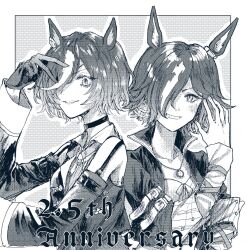 Rule 34 | 2girls, animal ears, anniversary, arm up, bare shoulders, blush, commentary request, detached sleeves, eyepatch, gloves, greyscale, grin, hair between eyes, hair over one eye, hand up, horse ears, jacket, long sleeves, looking at viewer, monochrome, multicolored hair, multiple girls, natomo garden, open clothes, open jacket, outline, sleeveless, sleeveless jacket, sleeves past wrists, smile, streaked hair, tanino gimlet (umamusume), umamusume, v-shaped eyebrows, vodka (umamusume), white outline