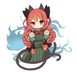 Rule 34 | 1girl, :3, animal ears, artist name, black bow, blue fire, bow, braid, cat ears, cat tail, claw pose, dress, fire, floral print, flower, frills, ghost, green dress, heart, hitodama, kaenbyou rin, long hair, multiple tails, necktie, puffy sleeves, red bow, red eyes, red hair, signature, simple background, solo, striped clothes, striped dress, tail, touhou, twin braids, two tails, white background, yaco (nuitnotte)