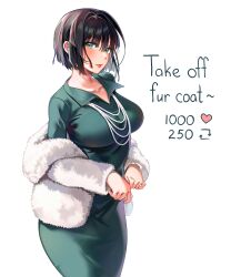 Rule 34 | 1girl, absurdres, black hair, blush, breasts, coat, collarbone, curly hair, curvy, dress, english text, from side, fubuki (one-punch man), fur coat, green dress, green eyes, hair between eyes, highres, impossible clothes, impossible dress, jewelry, large breasts, long sleeves, looking at viewer, machulanko, meme, necklace, one-punch man, pearl necklace, pink lips, short hair, sideboob, simple background, solo, standing, taut clothes, taut dress, twitter strip game (meme), white background