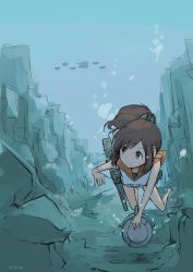 Rule 34 | 10s, 1girl, artist name, azu (azusayumix), bare shoulders, barefoot, brown eyes, brown hair, high ponytail, i-401 (kancolle), kantai collection, machinery, sailor collar, school swimsuit, solo, swimsuit, swimsuit under clothes, underwater