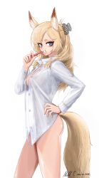 Rule 34 | 1girl, absurdres, alternate costume, animal ears, arknights, blonde hair, blue eyes, breasts, brushing teeth, claw hair clip, cleavage, collared shirt, commentary, dated, dress shirt, feet out of frame, from side, hand on own hip, highres, holding, holding toothbrush, horse ears, horse girl, horse tail, long hair, long sleeves, looking at viewer, medium breasts, mildt, naked shirt, open clothes, open shirt, parted bangs, see-through silhouette, shirt, signature, simple background, solo, standing, tail, thighs, toothbrush, unbuttoned, whislash (arknights), white background, white shirt