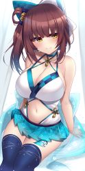 Rule 34 | 1girl, absurdres, bashamichi hagemi, blush, breasts, brown hair, cleavage, commentary request, cowboy shot, highres, indie virtual youtuber, kutan, large breasts, looking at viewer, revision, short hair, smile, solo, swimsuit, tattoo, thighhighs, virtual youtuber, yellow eyes