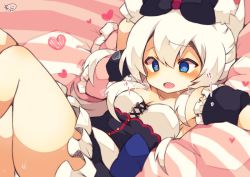 Rule 34 | 1girl, animal ears, arm up, azur lane, bare shoulders, bed sheet, black bow, black dress, blue bow, blue eyes, blush, bow, breasts, cat ears, cleavage, collarbone, commentary request, detached sleeves, dress, fang, hair between eyes, hair bow, hammann (azur lane), heart, heart-shaped pupils, legs up, long hair, lying, muuran, on back, open mouth, panties, puffy short sleeves, puffy sleeves, short sleeves, signature, silver hair, small breasts, solo, strapless, strapless dress, striped, symbol-shaped pupils, underwear, very long hair, white panties
