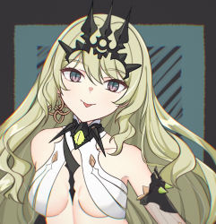 Rule 34 | 1girl, bare shoulders, black border, blue background, border, breasts, cleavage, closed mouth, crown, dress, earrings, green eyes, green hair, highres, honkai (series), honkai impact 3rd, jewelry, long hair, mobius (honkai impact), qian xii, see-through, see-through sleeves, single earring, sleeveless, sleeveless dress, smile, solo, tongue, tongue out, wavy hair